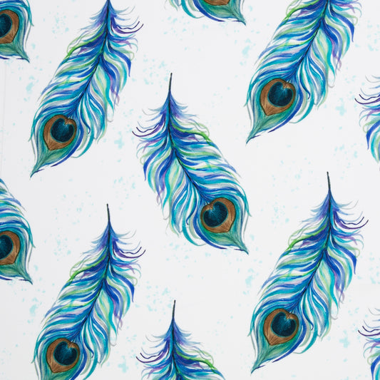 Viskosewebware - Pfauenfedern blau/weiß - 10 cm